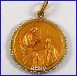 Antique French 3D Religious Medal in 18K Gold With Mini Natural Sea Pearls