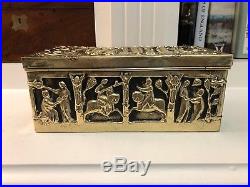 Antique French Brass Religious Gothic Medieval Jewelry Casket Trinket Box
