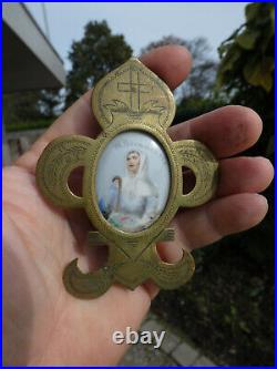 Antique French Brass Standing religious frame Saint Germanine medaillon paint
