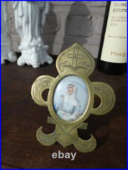 Antique French Brass Standing religious frame Saint Germanine medaillon paint