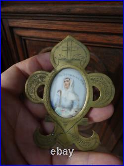 Antique French Brass Standing religious frame Saint Germanine medaillon paint