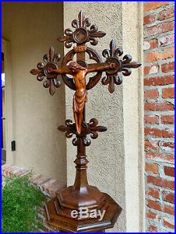 Antique French Carved Oak Altar Cross Standing Crucifix Religious Gothic