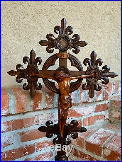 Antique French Carved Oak Altar Cross Standing Crucifix Religious Gothic