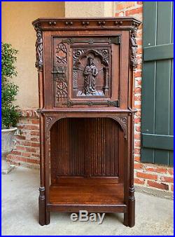 Antique French Carved Oak Gothic Vestment Cabinet Religious Church Prayer Room