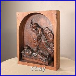 Antique French Carved Oak Wood St Francis of Assisi Religious Panel Plaque 1/6