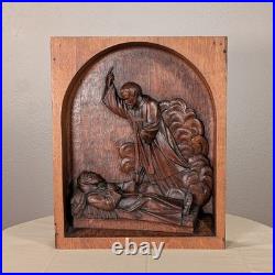 Antique French Carved Oak Wood St Francis of Assisi Religious Panel Plaque 1/6