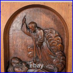 Antique French Carved Oak Wood St Francis of Assisi Religious Panel Plaque 1/6