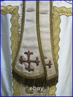 Antique French Chasuble Gold Metallic Stump Work Embroidered Religious Floral