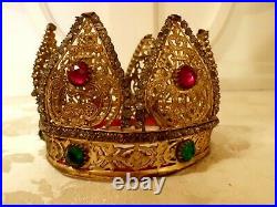 Antique French Crown for Religious Church Statue Ornate Jeweled w Points 3.25H
