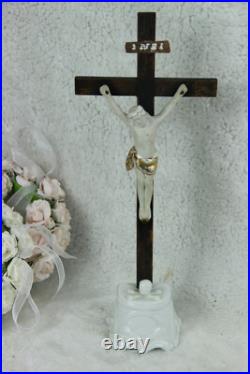 Antique French Crucifix religious cross Ecce Home skull porcelain