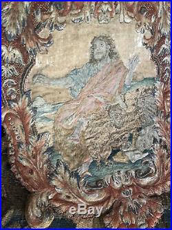 Antique French Ecclesiastical Embroidery Biblical Stumpwork Religious Panel