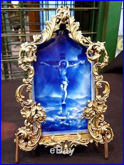 Antique French Enamel On Copper Religious Plaque Framed