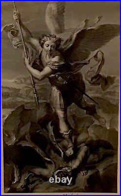 Antique French Etching Archangel Saint Michael Religious Attrib 19C