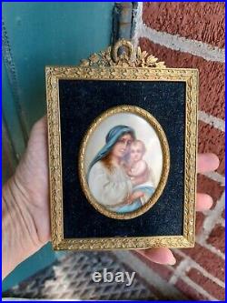 Antique French Frame Painted Religious Madonna Christ Porcelain Miniature Plaque