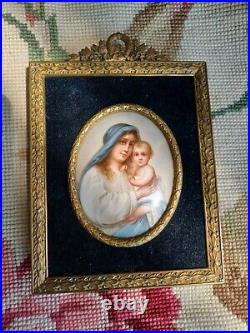 Antique French Frame Painted Religious Madonna Christ Porcelain Miniature Plaque