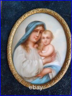 Antique French Frame Painted Religious Madonna Christ Porcelain Miniature Plaque