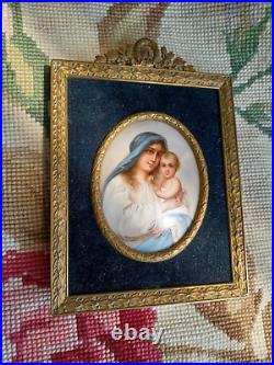 Antique French Frame Painted Religious Madonna Christ Porcelain Miniature Plaque