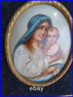 Antique French Frame Painted Religious Madonna Christ Porcelain Miniature Plaque