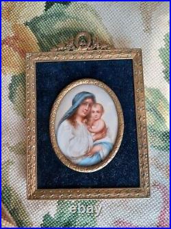 Antique French Frame Painted Religious Madonna Christ Porcelain Miniature Plaque