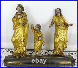 Antique French Gilded Wood Religious Statue 3 Characters on Plinth 18th