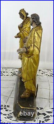 Antique French Gilded Wood Religious Statue 3 Characters on Plinth 18th