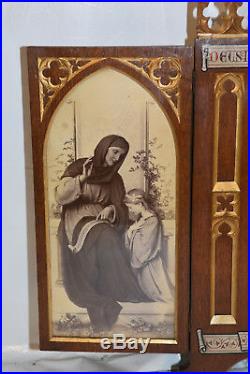 Antique French Gothic Tryptich, Religious Art Circa 1900