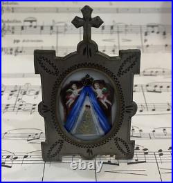 Antique French Hand Painted Porcelain Virgin Mary Angels Religious Stand c1900