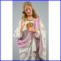 Antique French Hand Painted Religious Bisque & Porcelain Jesus Statue