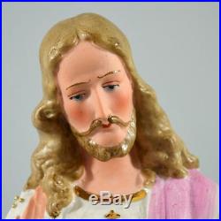 Antique French Hand Painted Religious Bisque & Porcelain Jesus Statue