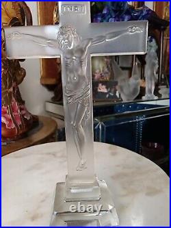 Antique French Hand Sculptured Crystal Glass Crucifix Jesus Religious 9x5 And