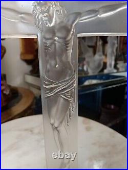 Antique French Hand Sculptured Crystal Glass Crucifix Jesus Religious 9x5 And