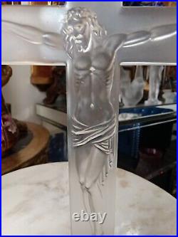 Antique French Hand Sculptured Crystal Glass Crucifix Jesus Religious 9x5 And