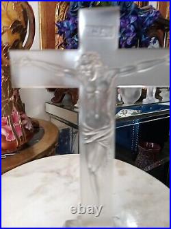 Antique French Hand Sculptured Crystal Glass Crucifix Jesus Religious 9x5 And