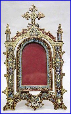 Antique French IHS Religious picture frame bronze enamel cloisonne cloissonne 9