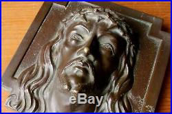 Antique French Jesus Christ Bronze Plaque. Religious Cross Portrait by X Ranel