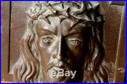 Antique French Jesus Christ Bronze Plaque. Religious Cross Portrait by X Ranel