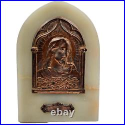 Antique French Jesus Religious Marble & Brass Standing Plaque 8