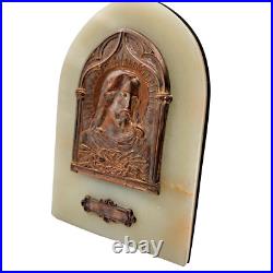 Antique French Jesus Religious Marble & Brass Standing Plaque 8