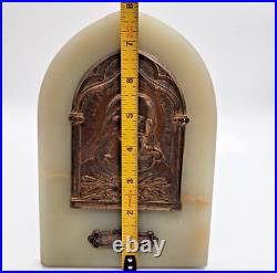 Antique French Jesus Religious Marble & Brass Standing Plaque 8