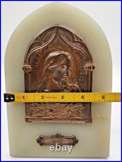 Antique French Jesus Religious Marble & Brass Standing Plaque 8