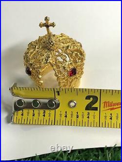 Antique French Jeweled Filigree Religious Gilt Crown With Cross Red Jewels