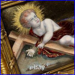 Antique French Limoges Enamel Copper Jesus Portrait Religious Plaque Gilt Frame