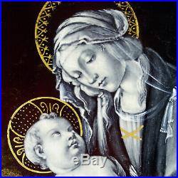 Antique French Limoges Enamel on Copper Portrait Plaque Religious Mary & Jesus