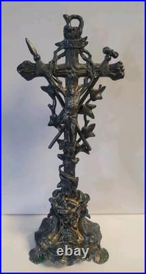 Antique French Metal Cross Crucifix Alter Christ Religious