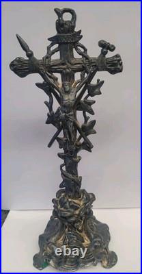 Antique French Metal Cross Crucifix Alter Christ Religious