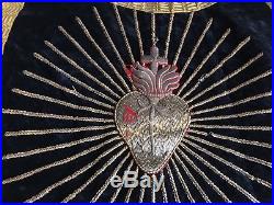 Antique French Metallic Religious Hand Embroidery Sacred Heart Of Jesus