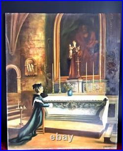 Antique French Oil Painting c. 1900 Woman at Altar, Signed, Religious Scene