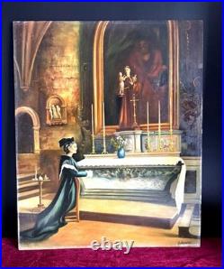 Antique French Oil Painting c. 1900 Woman at Altar, Signed, Religious Scene