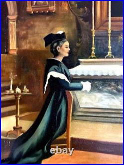 Antique French Oil Painting c. 1900 Woman at Altar, Signed, Religious Scene