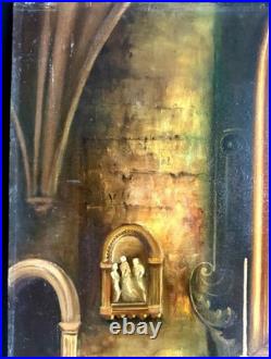 Antique French Oil Painting c. 1900 Woman at Altar, Signed, Religious Scene